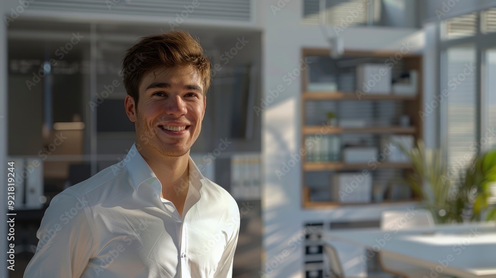 Smiling Young Designer Standing In An Office After A Presentation, Satisfied And Accomplished Smiling Young Designer Standing In An Office After A Presentation, Satisfied And Accomplished