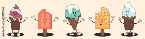 Cute cartoon retro ice cream in cones, popsicle with funny face. Groovy ice cream in waffle cone. For poster, flyer, party invitation, banner. Funny groovy Mascot personage. Summer dessert collection.