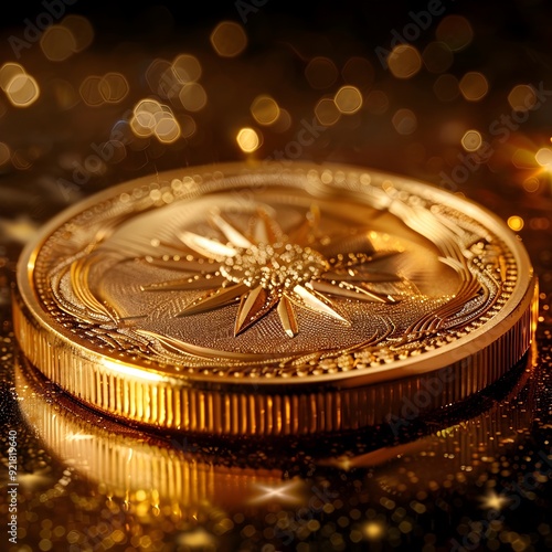 Captivating Macro Shot of a Shimmering Golden Coin with Exquisite Engravings