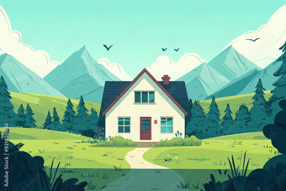 A house with a red roof sits in a grassy field with a mountain in the background A house with a red roof sits in a grassy field with a mountain in the background