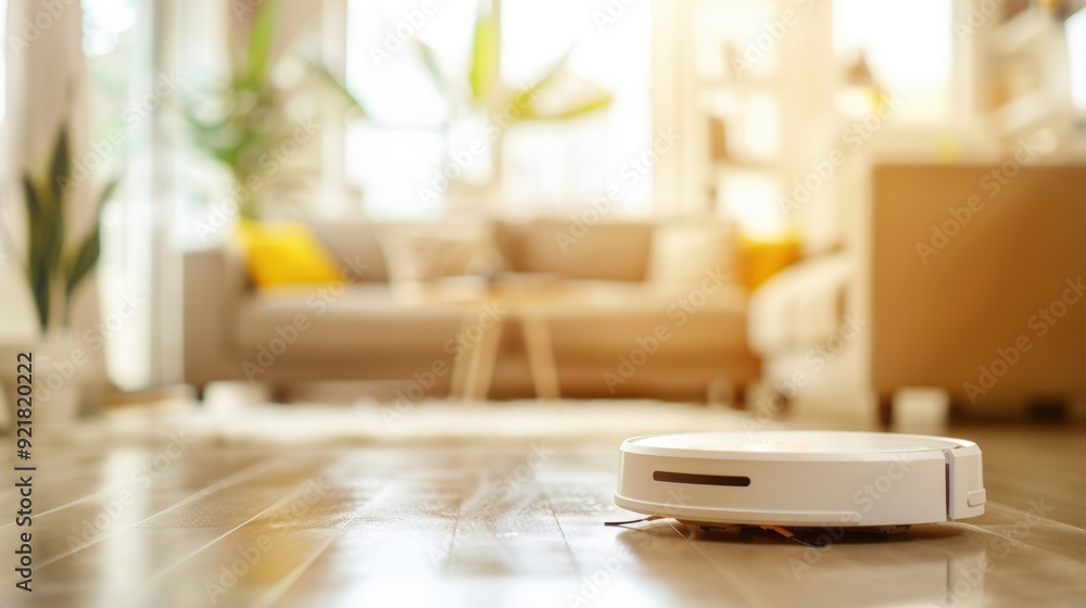 A modern robotic vacuum cleaner operating in a bright, cozy living room, showcasing convenience and advanced technology. A modern robotic vacuum cleaner operating in a bright, cozy living room, showcasing convenience and advanced technology.