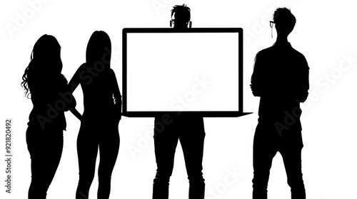 The Silhouette Of A Young Designer Team Stands In Front Of A Blank Laptop Screen, Ready To Create New Ideas