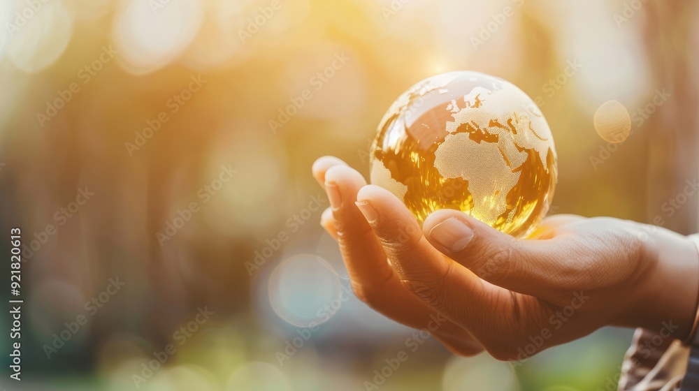 A person holding a golden globe representing Earth, symbolizing care for the planet and environmental awareness in a natural setting. A person holding a golden globe representing Earth, symbolizing care for the planet and environmental awareness in a natural setting.