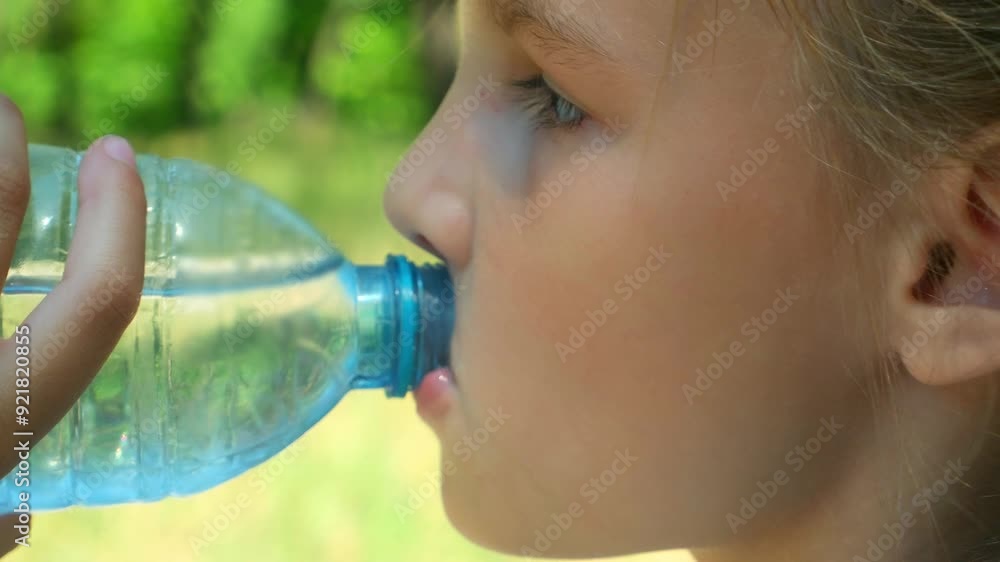 A little girl in a bicycle drinking clean water near her bicycle on the forest. The concept of outdoor sports. A little girl in a bicycle drinking clean water near her bicycle on the forest. The concept of outdoor sports.