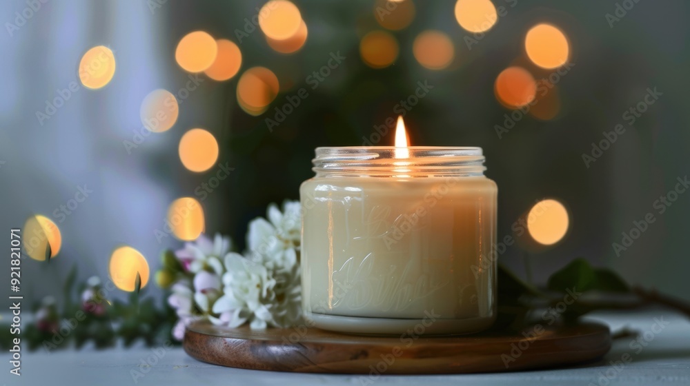 Glass jar candles, glowing candles, surrounded by holiday decorations Glass jar candles, glowing candles, surrounded by holiday decorations