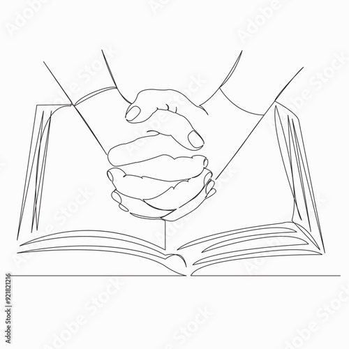 One continuous single drawn line art doodle thin line, hand, religion, prayer, faith, religious. Isolated hand-drawn outline image on white background.