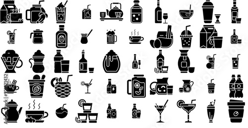 Mega Set Of Vector Goofy Beverage Solid Vector Symbols Apps, Websites Ui Designs Suitable For Drink,Alcohol,Cocktail,Coffee,Beverage Business Infographic Elements Logo Vector Illustration