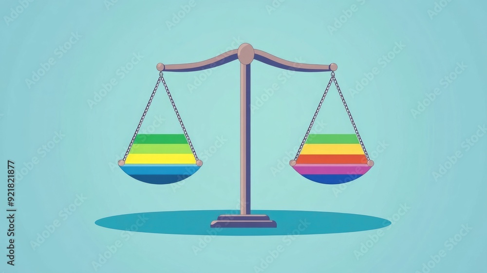 Balanced scales of justice with vibrant rainbow colors representing the concept of diversity in a flat design Balanced scales of justice with vibrant rainbow colors representing the concept of diversity in a flat design