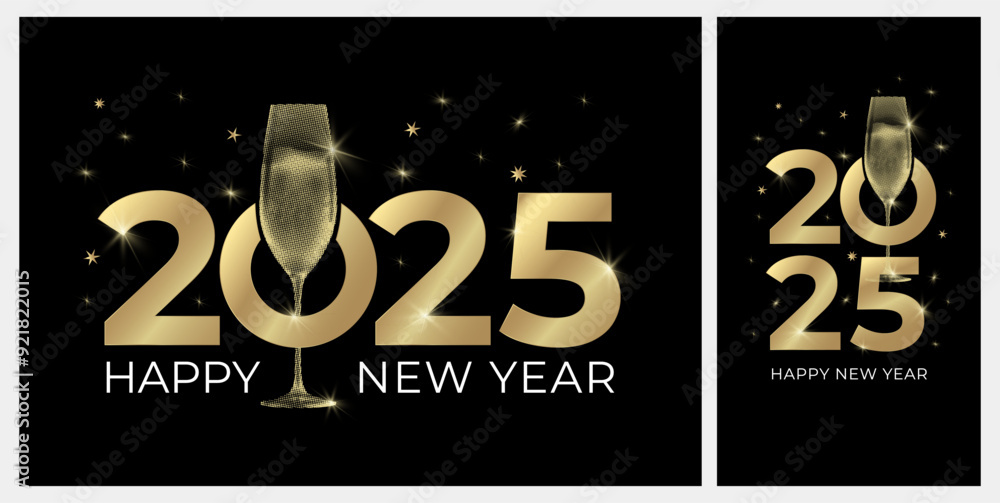Fototapeta premium New Year 2025 cards. 2025 with glass of sparkling wine with halftone effect and red decorative ribbons. Cheerful banner for New Year's Eve. Vector