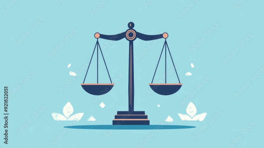 Balanced scales icon representing the principles of justice under the law Flat design depicting the concept of impartiality objectivity and proportionality in legal and judicial systems Balanced scales icon representing the principles of justice under the law Flat design depicting the concept of impartiality objectivity and proportionality in legal and judicial systems