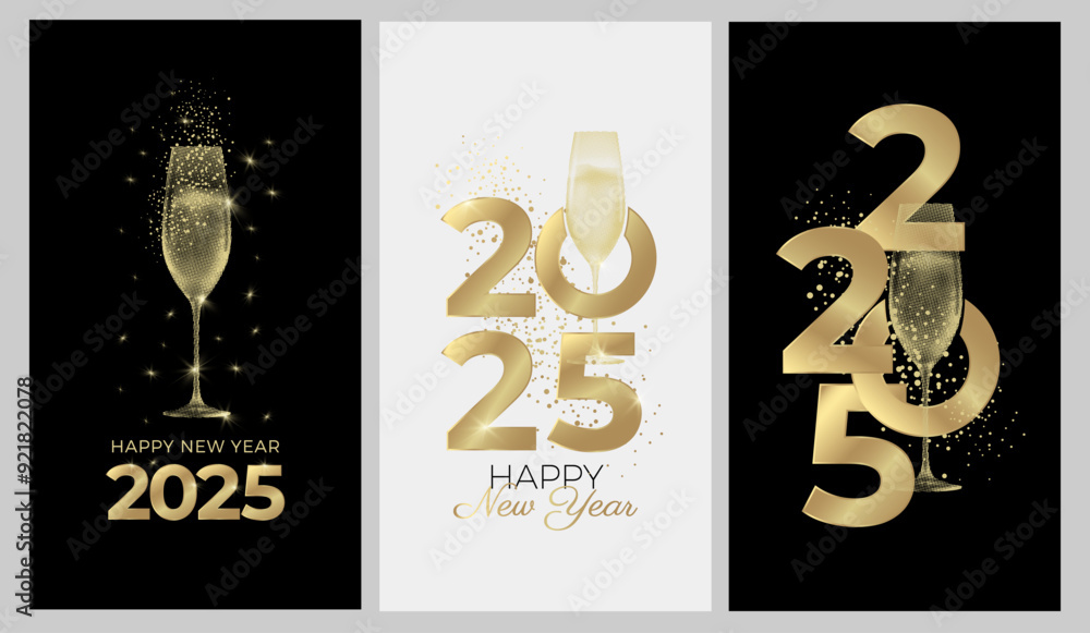 2025 new year greeting cards with glass of champagne. Black and white background and gold colors. Elegant New Year's Eve Banner. Vector 2025 new year greeting cards with glass of champagne. Black and white background and gold colors. Elegant New Year's Eve Banner. Vector