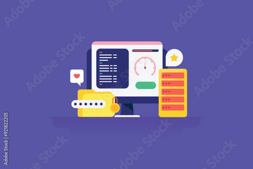 Website coding and optimization server speed test, secure network mainframe, performance meter vector illustration.
