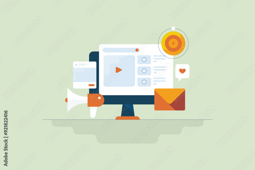 Video content on web browser, social media advertising and email marketing digital business strategy vector illustration concept. Video content on web browser, social media advertising and email marketing digital business strategy vector illustration concept.