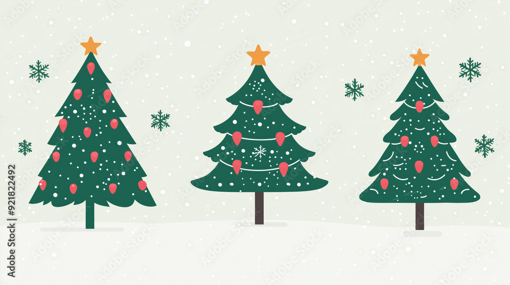 Three Christmas trees with red lights and a star on top Three Christmas trees with red lights and a star on top