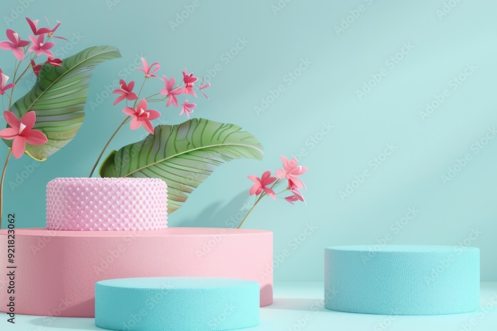 3D Plasticine Style Floral Arrangement on Pastel Pedestals for Modern Design, Card, or Poster 3D Plasticine Style Floral Arrangement on Pastel Pedestals for Modern Design, Card, or Poster