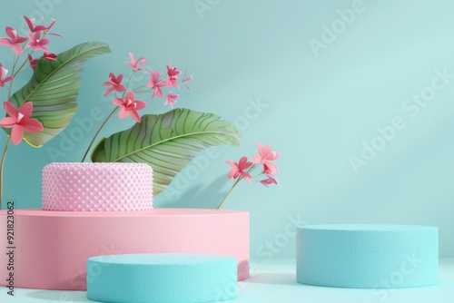 Wallpaper Mural 3D Plasticine Style Floral Arrangement on Pastel Pedestals for Modern Design, Card, or Poster Torontodigital.ca