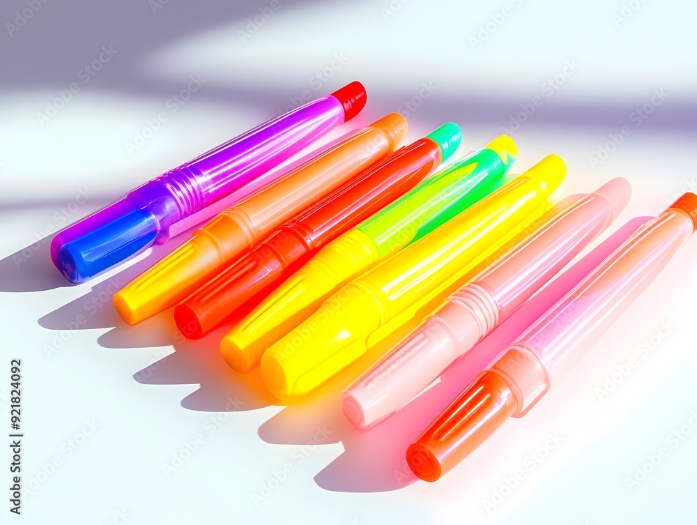 Vivid Highlighter Markers in Geometric Desk Arrangement with Minimal Aesthetic Vivid Highlighter Markers in Geometric Desk Arrangement with Minimal Aesthetic