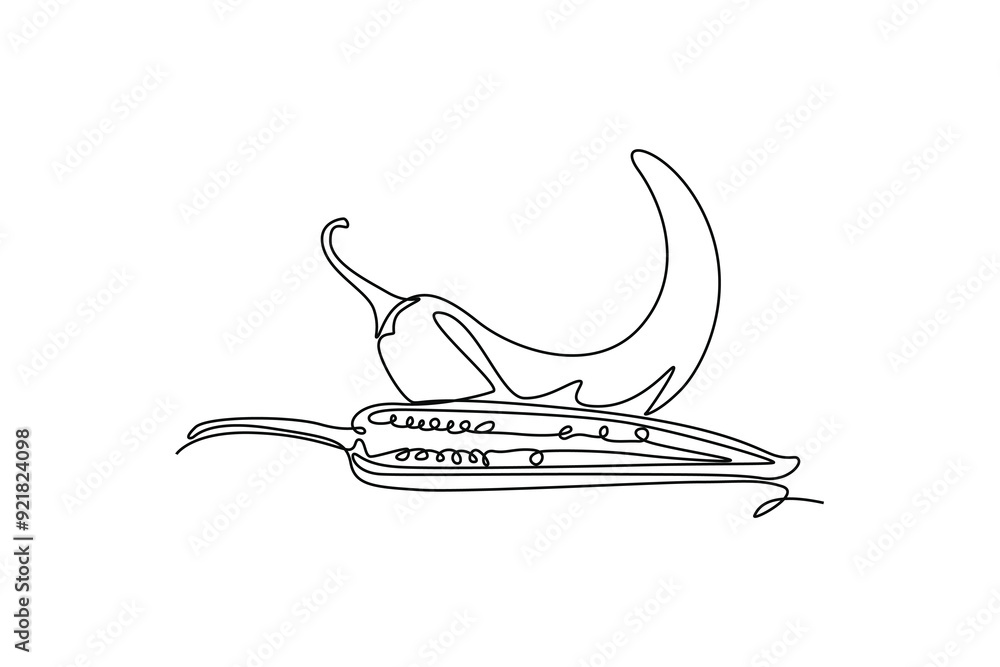 Single one line drawing whole and half sliced healthy organic hot chili for farm logo identity. Fresh chile pepper concept for vegetable icon. Continuous line draw design graphic vector illustration Single one line drawing whole and half sliced healthy organic hot chili for farm logo identity. Fresh chile pepper concept for vegetable icon. Continuous line draw design graphic vector illustration