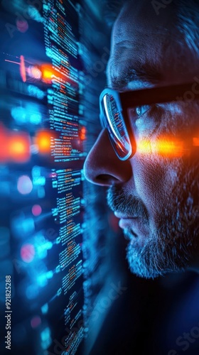 Cybersecurity expert in a command center with encrypted data screens, encryption, high-level security operations