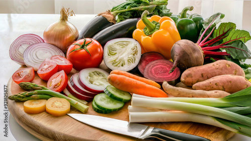 variety vegetables wooden cutting board onions tomatoes eggplants bellpeppers beetroots carrots cucumbers sweet potatoes leeks asparagus