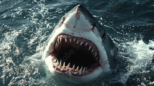 Great White Shark with Open Mouth in Ocean Water