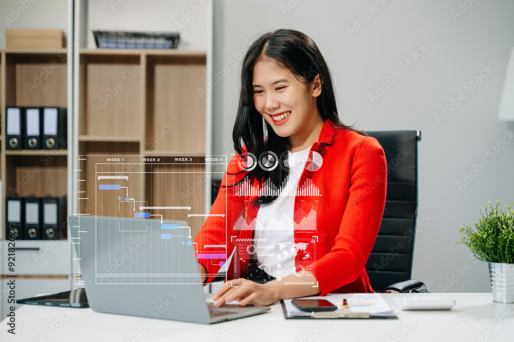 Businesswoman hand Project manager working and update tasks and Gantt chart scheduling virtual diagram. Businesswoman hand Project manager working and update tasks and Gantt chart scheduling virtual diagram.