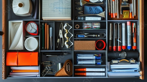 Organized Desk Drawer with Neatly Arranged Office Supplies
