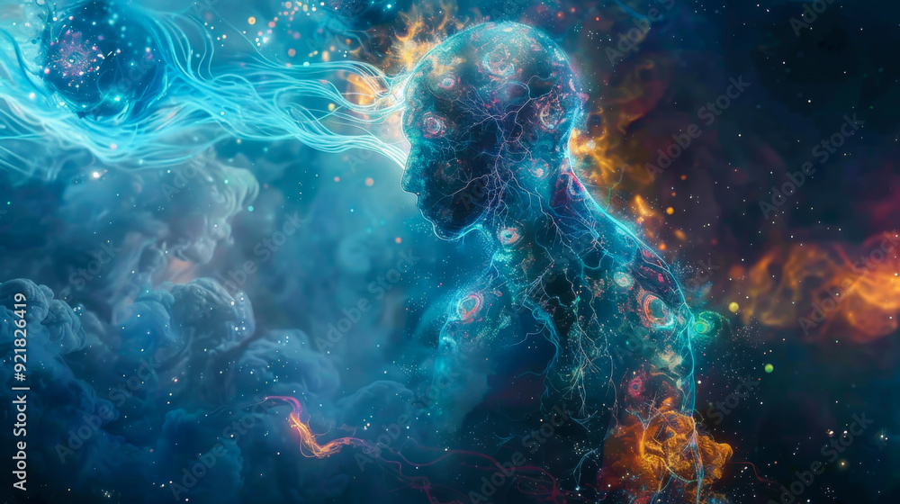 Obraz premium A person's face is shown in a blue and orange swirl of light. The image is abstract and surreal, with a sense of movement and energy. The colors and shapes create a dreamlike atmosphere.