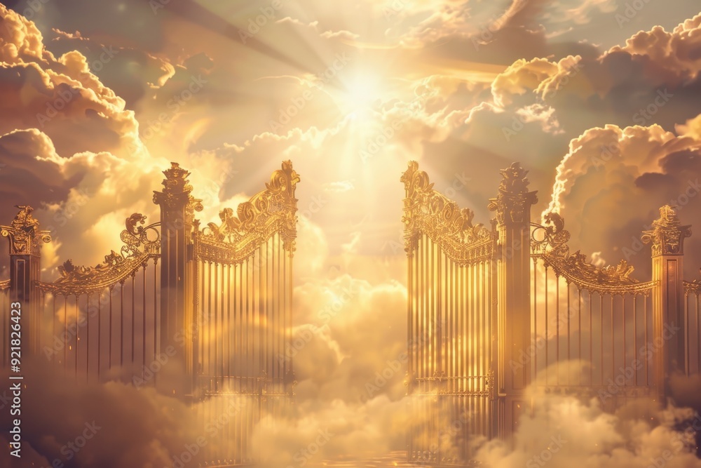 Fototapeta premium Golden Gate of Heaven with Radiant Light and Clouds - Inspirational and Spiritual Concept for Artwork or Print Design