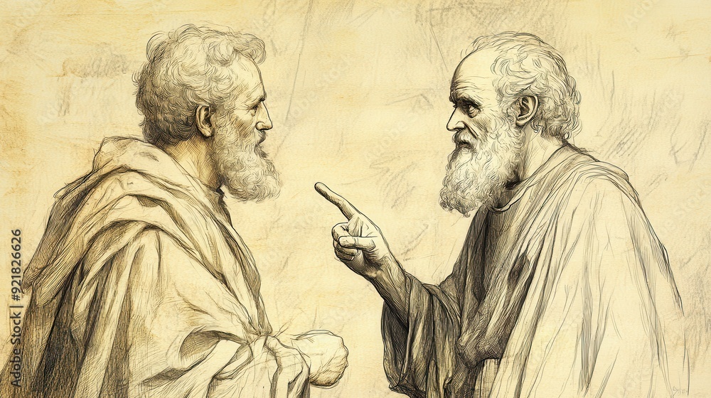Fototapeta premium Biblical Illustration of The Lord Calls Samuel: Eli Realizing the Lord Is Calling Samuel, Instructing Samuel on How to Respond, Beige Background, Faith, Guidance, Old Testament