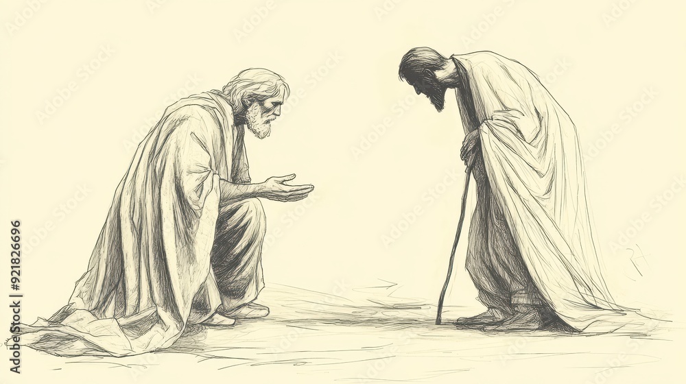 Obraz premium Biblical Illustration of Saul Bowing Down with His Face to the Ground as Samuel’s Spirit Appears, Bible Wall Art with Beige Background