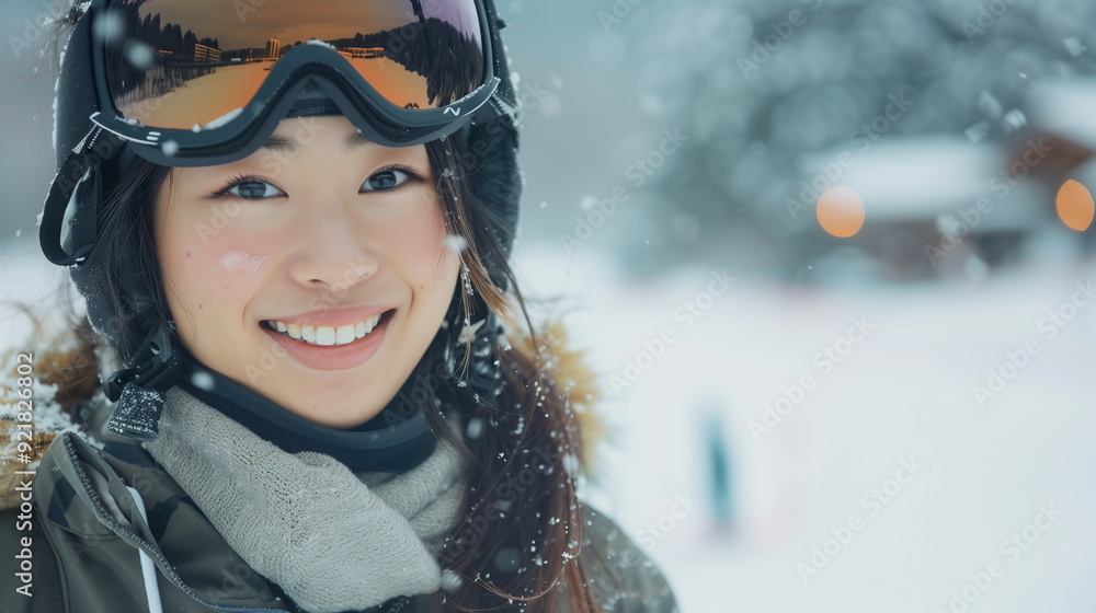 スノーボードを楽しむ日本人の女性 スノーボードを楽しむ日本人の女性