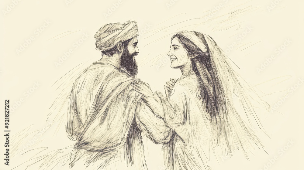 Obraz premium Biblical Illustration of Boaz Marries Ruth: Naomi Rejoicing at Wedding, Holding Ruth's Hand with Happiness, Beige Background, Faith, Joy, Old Testament Story