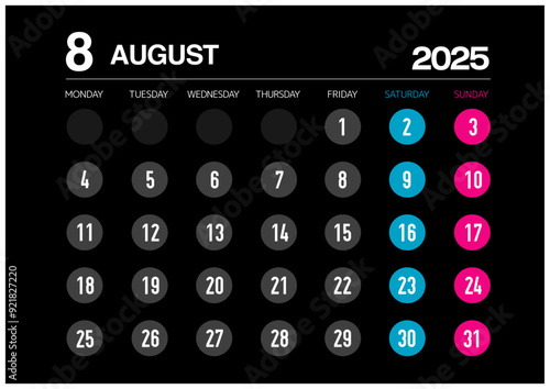 2025年の8月のカレンダー月曜始まりで日本の祝日表記無し