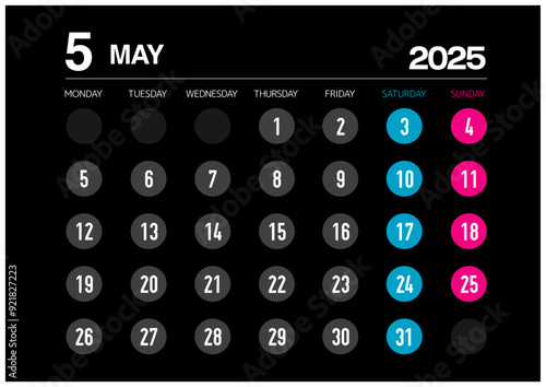 2025年の5月のカレンダー月曜始まりで日本の祝日表記無し