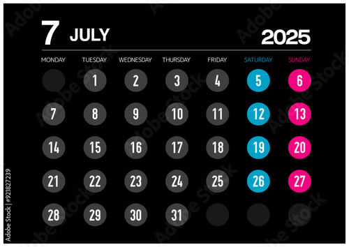 2025年の7月のカレンダー月曜始まりで日本の祝日表記無し