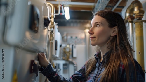 Female Engineer Checking Boiler System In A Basement, Meticulous And Technical