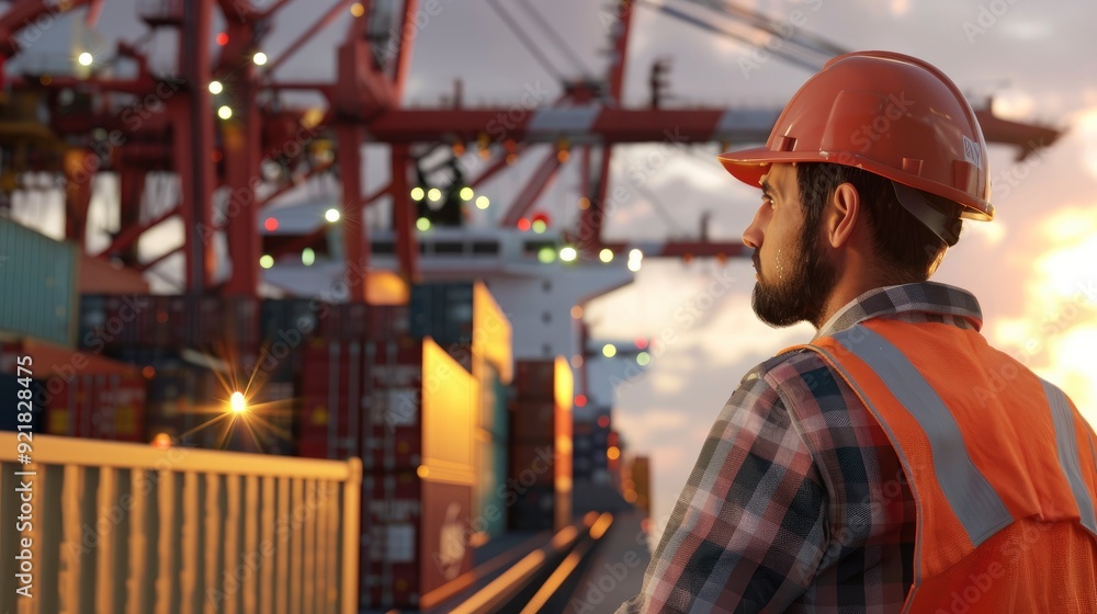 Foreman Controlling Loading Containers From Cargo Freight Ship For Import-Export, Overseeing And Responsible Foreman Controlling Loading Containers From Cargo Freight Ship For Import-Export, Overseeing And Responsible