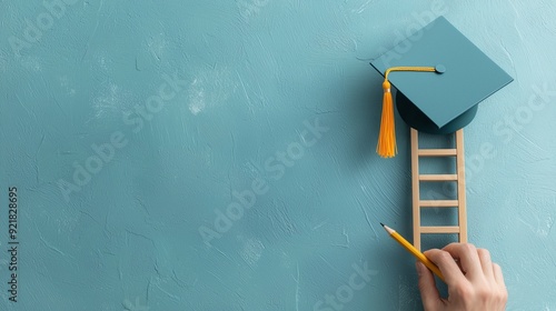 A creative representation of education success, featuring a graduation cap on a ladder, symbolizing ambition and achievement. photo