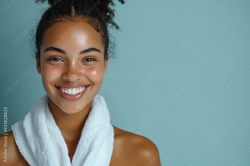 Smiling woman with towel, radiant skin, blue background Smiling woman with towel, radiant skin, blue background