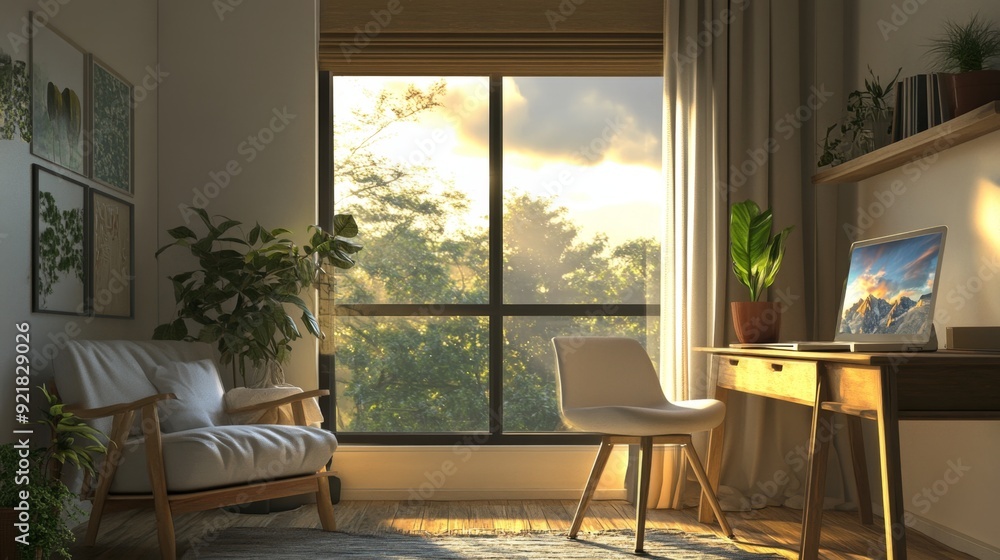 Fototapeta premium Cozy Minimalist Study Nook, a serene space featuring soft lighting, a comfortable chair, a small desk, and plants, perfect for focused work or learning.