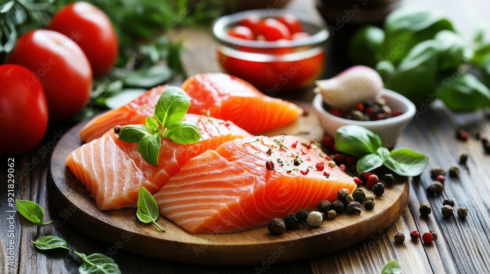 Fresh Salmon Fillet on a Wooden Cutting Board with Tomatoes, Basil, and Peppercorns Fresh Salmon Fillet on a Wooden Cutting Board with Tomatoes, Basil, and Peppercorns