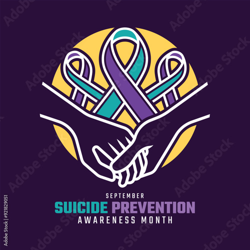 Suicide prevention awareness month - Three teal purple ribbons awareness sign and white line caring hands in yellow circle shape symbol vector design