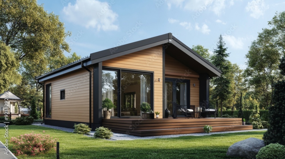 Modern wood-sided house with large windows, a deck and landscaping. Modern wood-sided house with large windows, a deck and landscaping.