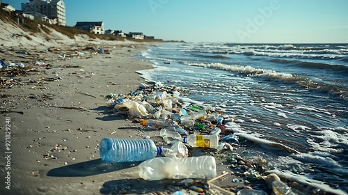 Fototapeta Naklejka Na Ścianę i Meble -  A polluted beach scene with plastic bottles, bags, and other debris scattered across the sand, with the ocean waves bringing in more trash.