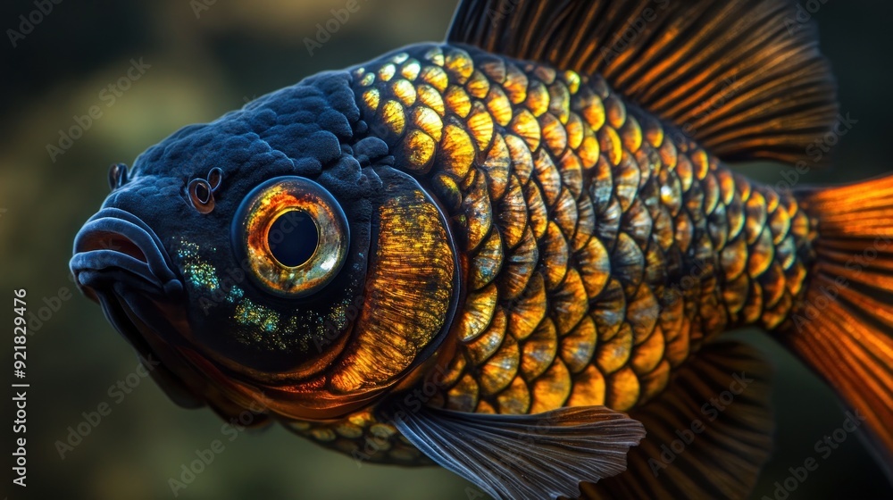 Obraz premium Close-up of a Black Moor Goldfish with Intricate Scales and a Wide Open Mouth