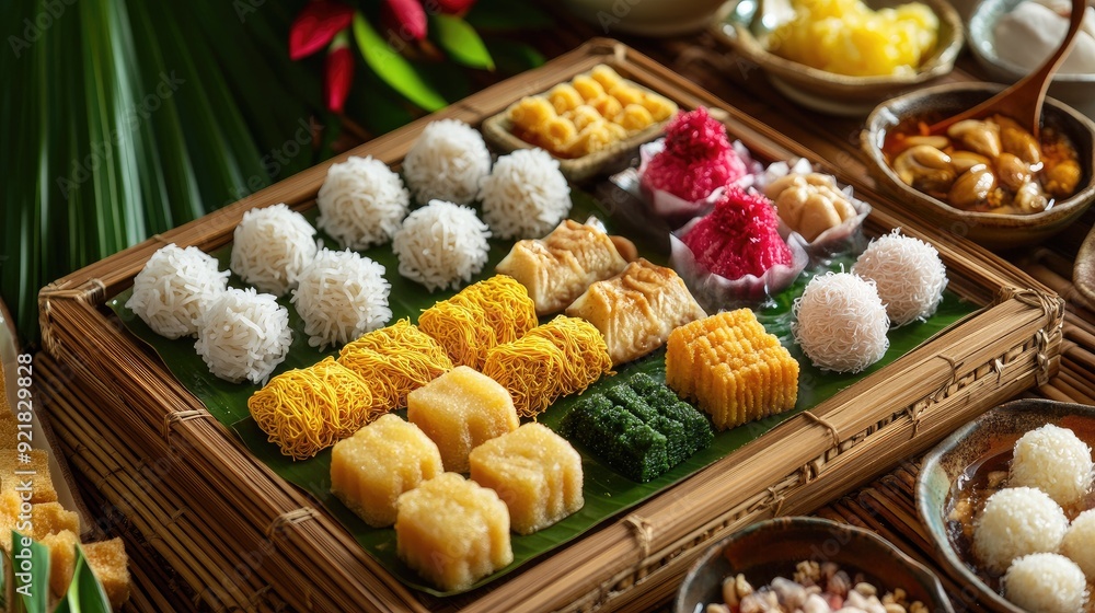 Assorted Thai desserts including golden threads and mung bean cakes, beautifully presented on a bamboo tray Assorted Thai desserts including golden threads and mung bean cakes, beautifully presented on a bamboo tray