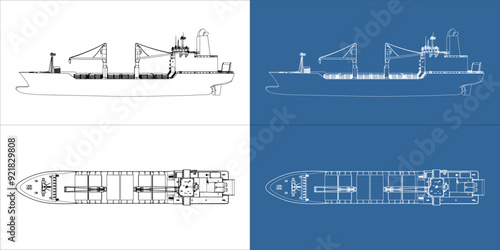 Set container ship or cargo shipping business. Logistic freight transportation blueprint or wireframe outline. Vector illustration template with all sides isolated on a transparent background.