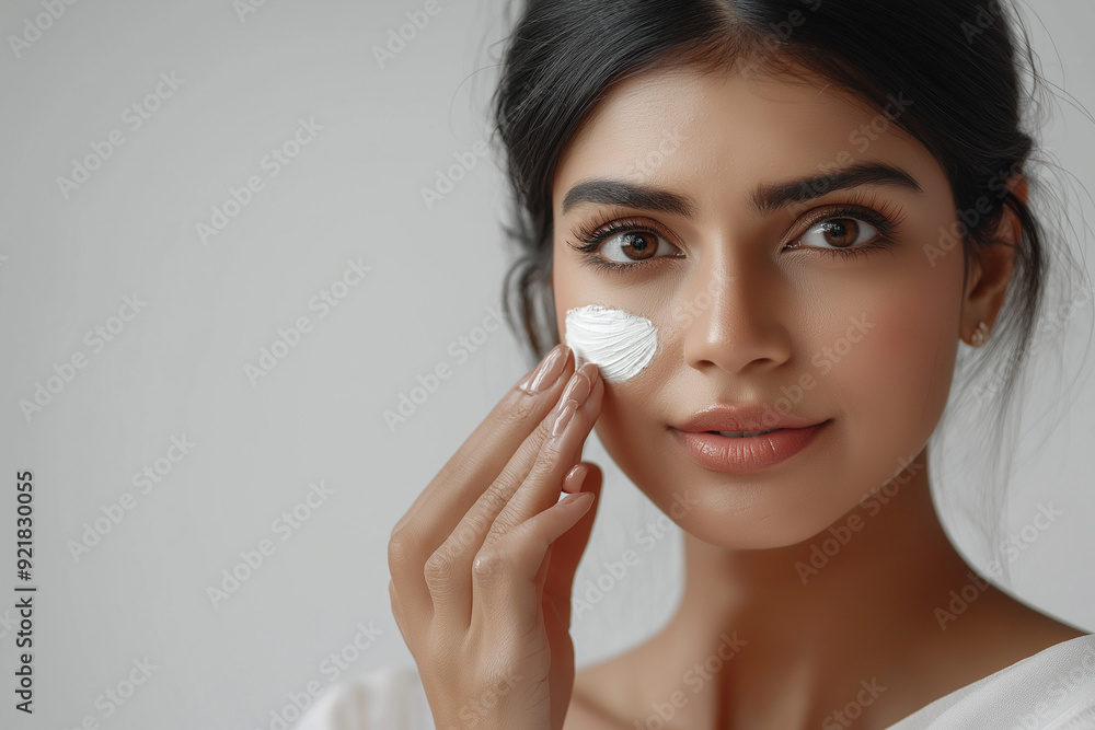 young beautiful indian woman with flawless skin applying skincare cosmetics on her face young beautiful indian woman with flawless skin applying skincare cosmetics on her face