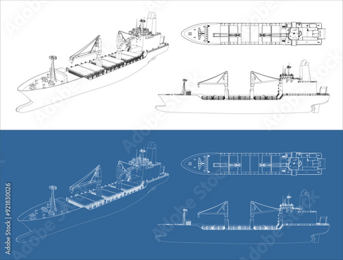 Set cargo shipping or container ship business. Logistic freight transportation blueprint or wireframe outline. Vector illustration template with all sides isolated on a transparent background.
